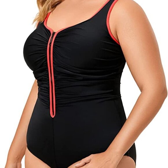 DELIMIRA BLACK & ORANGE RUCHED ZIPPER FRONT ONE PIECE SWIMSUIT SIZE 14 PLUS NWT - Picture 6 of 11
